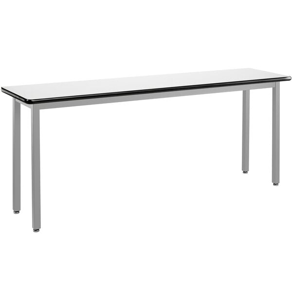 A white National Public Seating utility table with a gray metal frame.