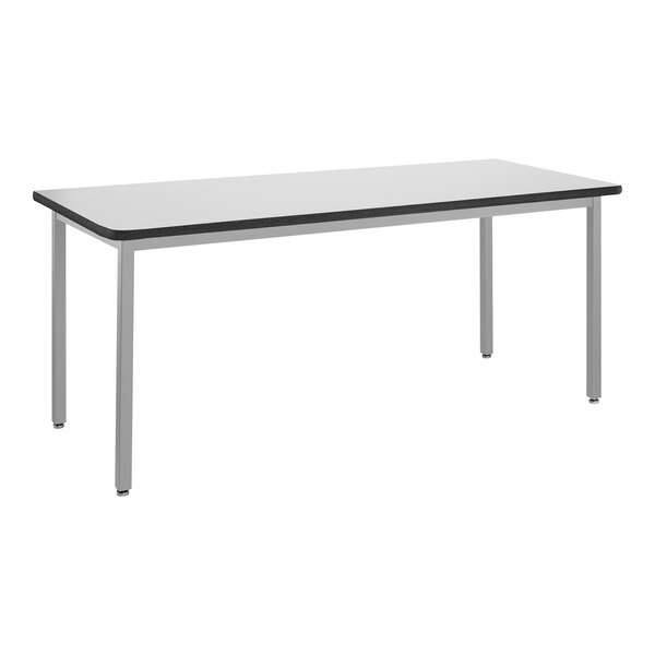 A white rectangular National Public Seating utility table with black edges.