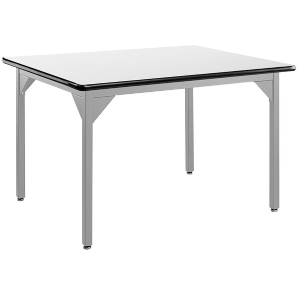 A white rectangular National Public Seating utility table with a black edge and gray metal legs.