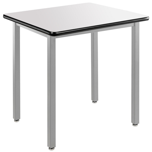 A white National Public Seating utility table with a gray metal frame and black edge.