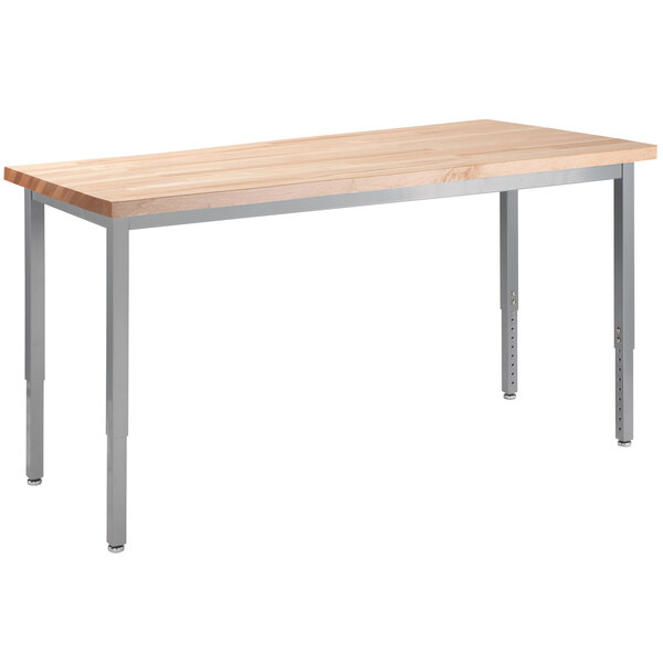 A National Public Seating utility table with legs and a wooden top.