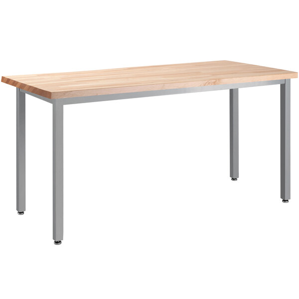 A National Public Seating seminar table with a maple butcher block top and gray metal legs.