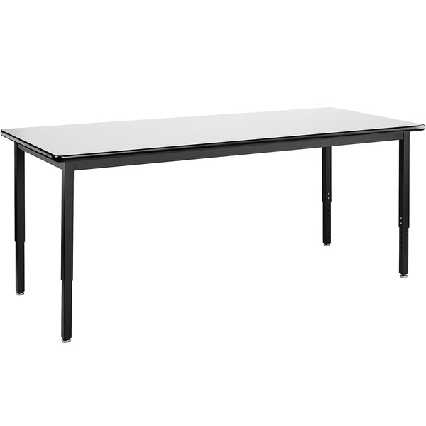A National Public Seating utility table with a white top and black legs.