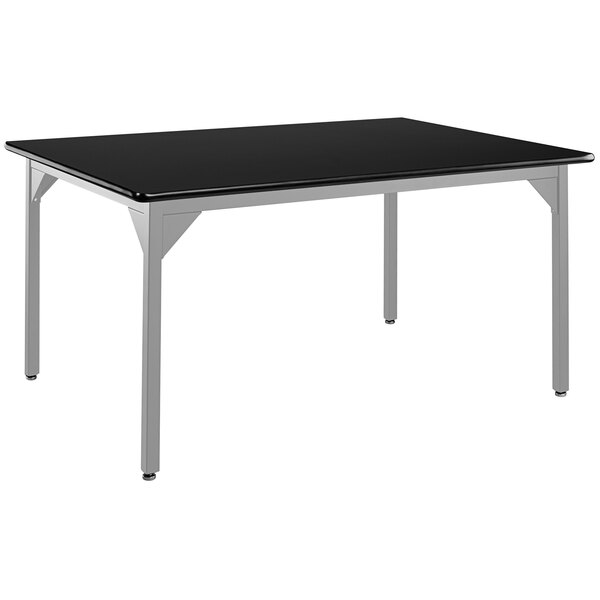 A black rectangular National Public Seating utility table with a gray metal frame and laminate top.