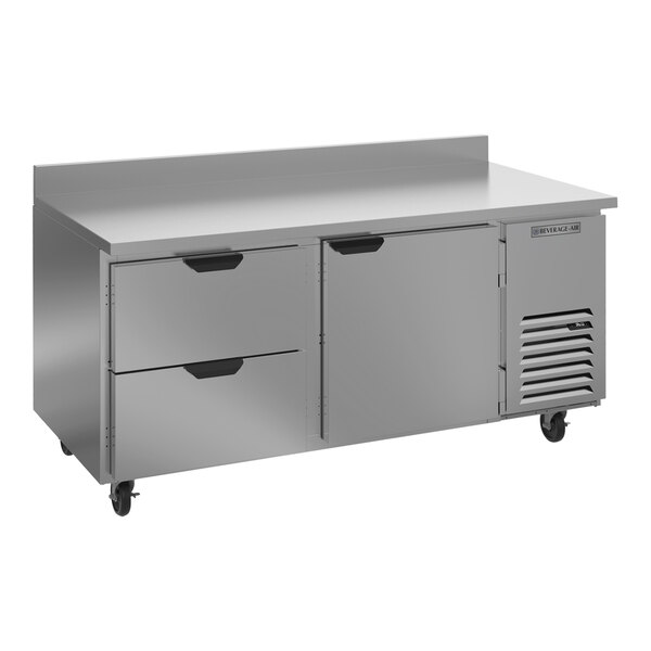 A stainless steel Beverage-Air worktop refrigerator with drawers.