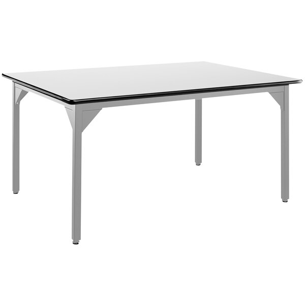 A white rectangular table with black edge.