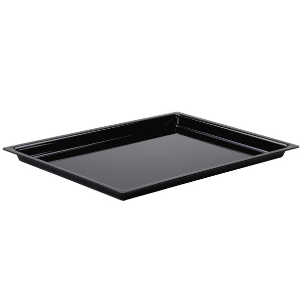 A black rectangular bakery tray by Cal-Mil on a white background.