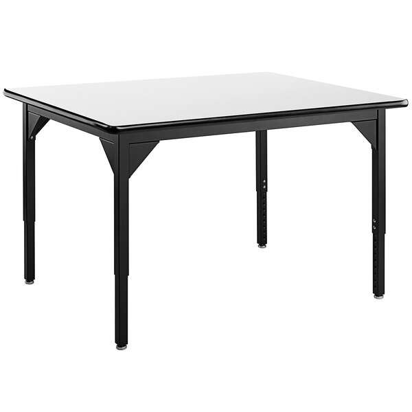 A white rectangular National Public Seating utility table with black legs.