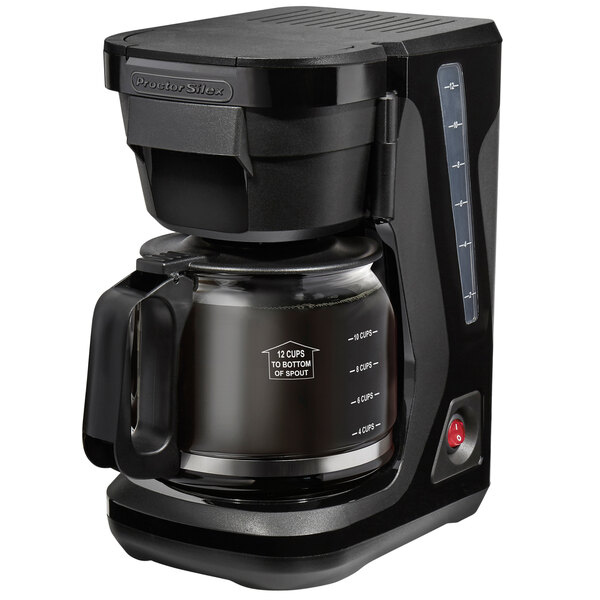 A black Proctor Silex coffee maker with a glass pot and black lid.