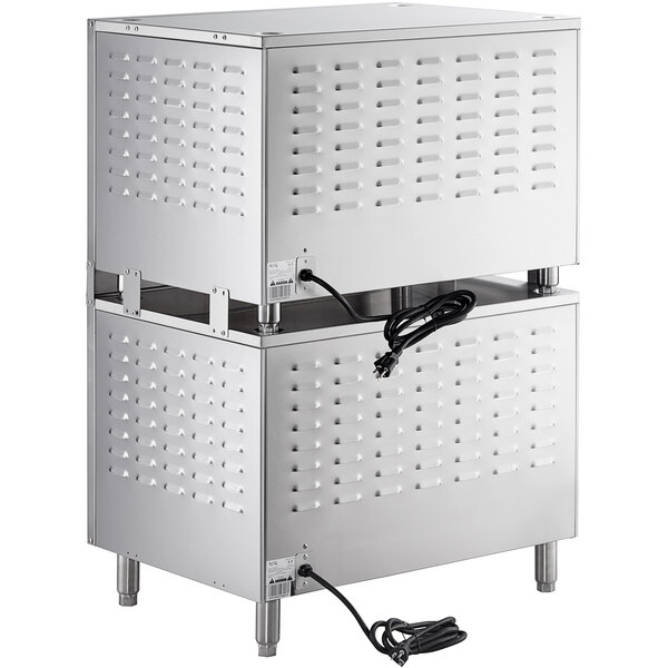 A white rectangular stainless steel box with a black cord.