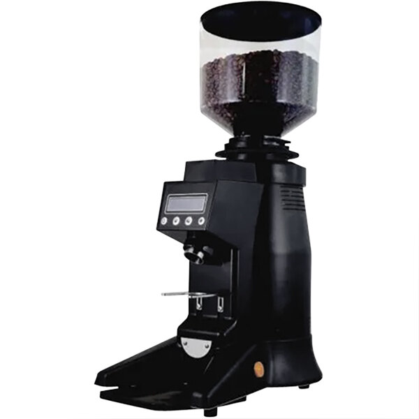 A black Astra MG049 Mega On Demand espresso coffee grinder with a clear container full of coffee beans.
