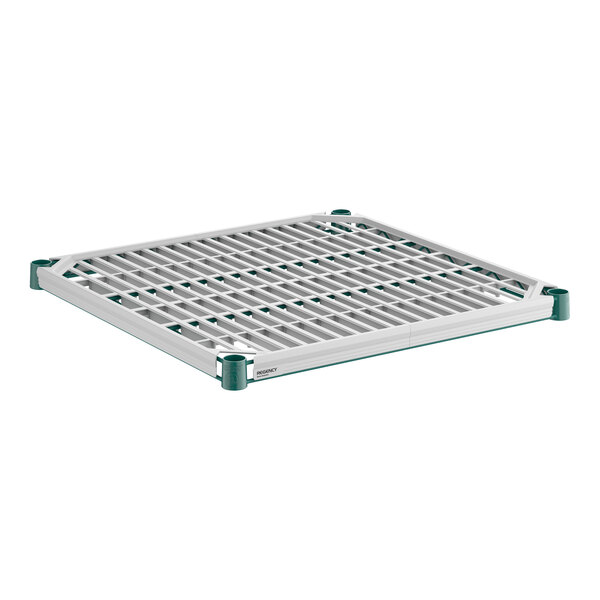 A square, grid-patterned shelf with a green and white frame and green corner caps, shown on a white background.