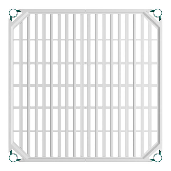 A square white grid-like shelf with a polymer drop mat and green circular clips at each corner.