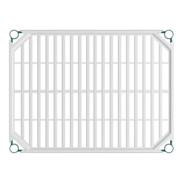 A rectangular white grid-like shelf with green corner attachments, viewed from above.