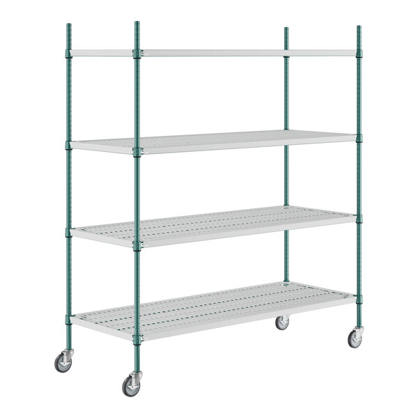 Regency+ 24" x 60" Green Epoxy Polymer Drop Mat 4-Shelf Kit with 64" Posts and Casters