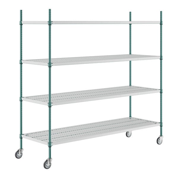 Regency+ 24" x 72" Green Epoxy Polymer Drop Mat 4-Shelf Kit with 64" Posts and Casters