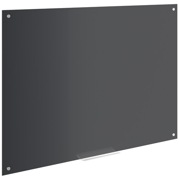 A Dynamic by 360 Office Furniture black glass dry erase board with metal corners.
