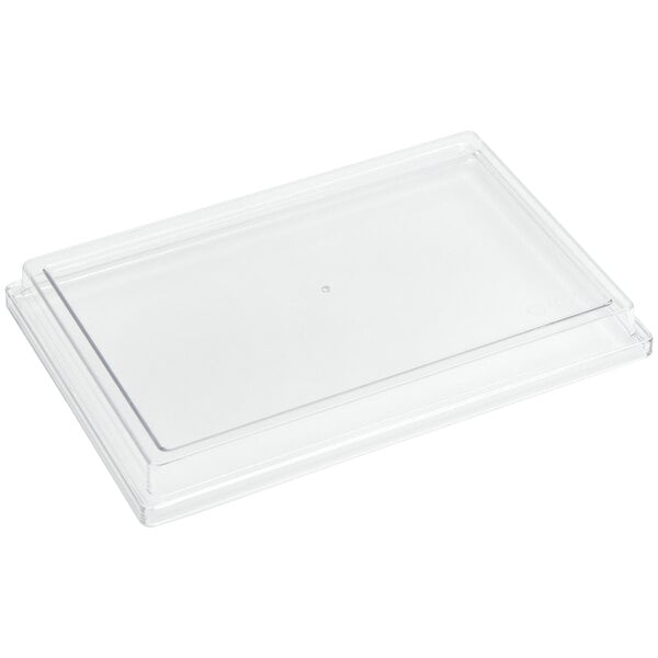 A clear rectangular SAN plastic lid on a clear plastic container.