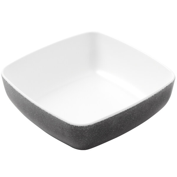 An American Metalcraft square white melamine bowl with black speckles.