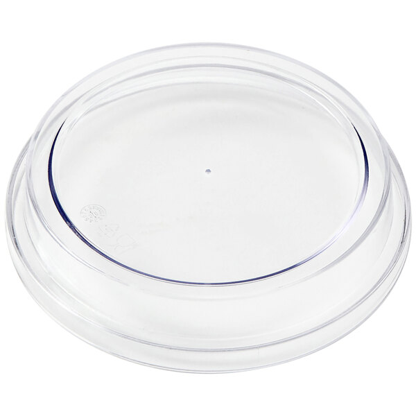 A clear round SAN plastic lid on a clear plastic container.