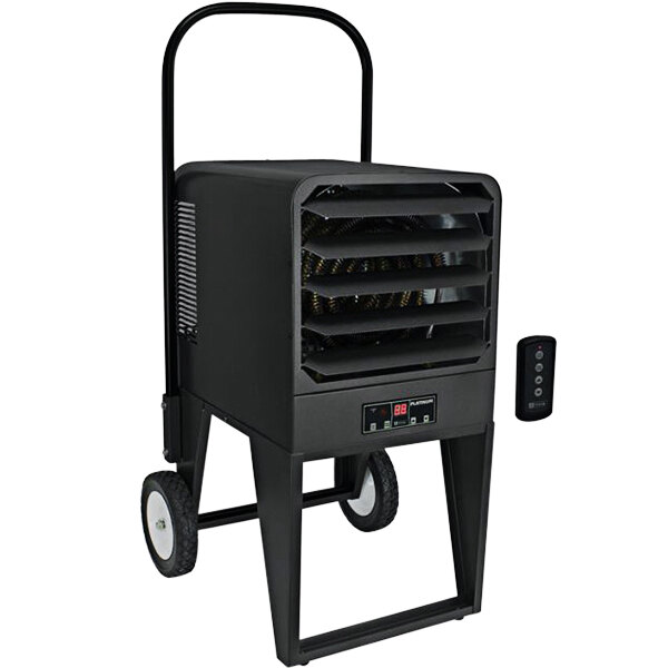 A black King Electric portable utility heater on wheels with a remote control.