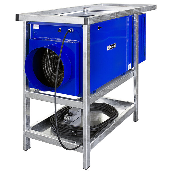 A blue King Electric portable industrial heater on a metal stand with a black wire.