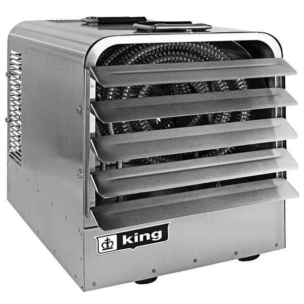 A stainless steel King Electric portable unit heater with a fan and vent.