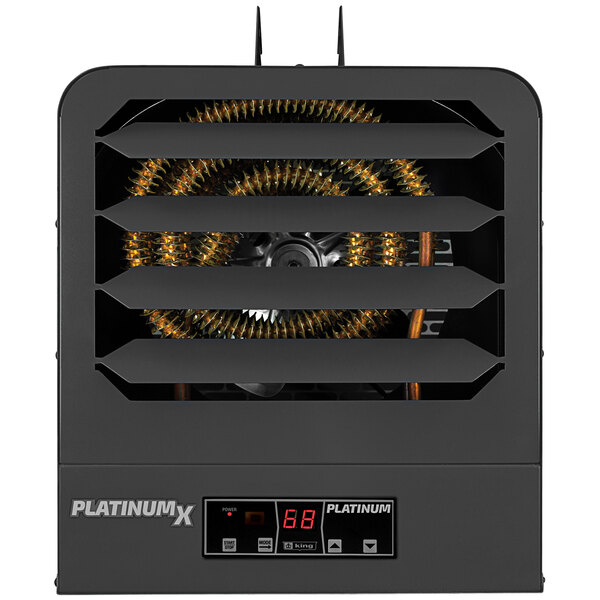 A black square King Electric PlatinumX series portable industrial unit heater with a fan.