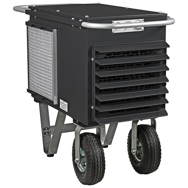 A black and white portable King Electric unit heater with wheels.
