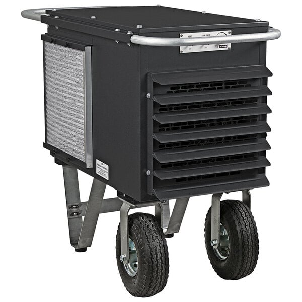 A black and white King Electric portable unit heater with wheels.