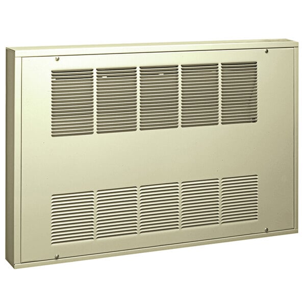A white rectangular King Electric compact fan forced surface mount cabinet heater with a vent.