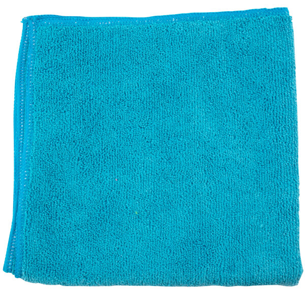 A blue microfiber cloth folded on a white background.