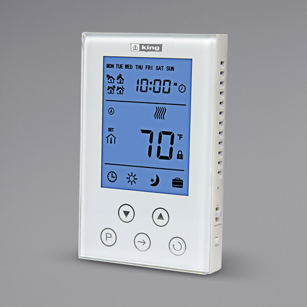 A white King Electric double pole digital electronic thermostat with a screen.