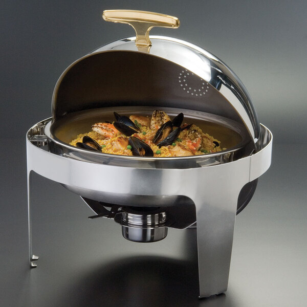 An American Metalcraft stainless steel chafer with seafood inside.