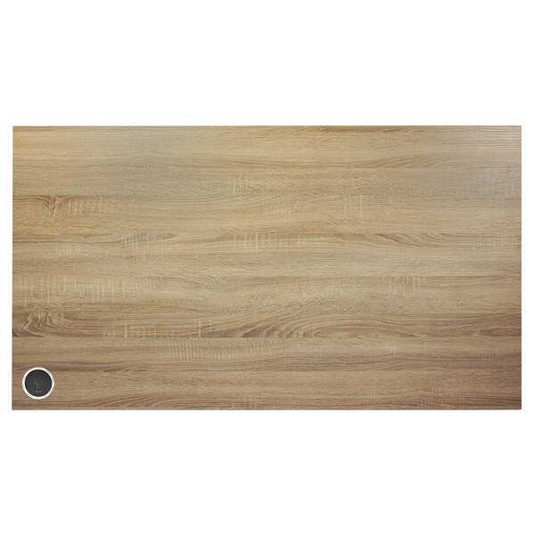 A Sawmill Oak BFM Seating rectangular wood table top with a white circle on top.