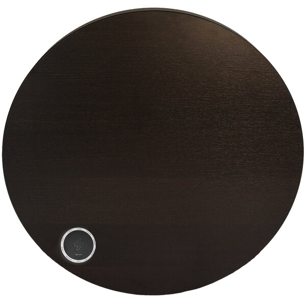A BFM Seating round espresso table top with a silver round button on it.