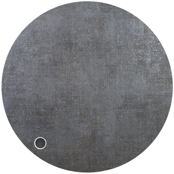 A BFM Seating Midtown round tabletop in frosted slate with a small black circle.