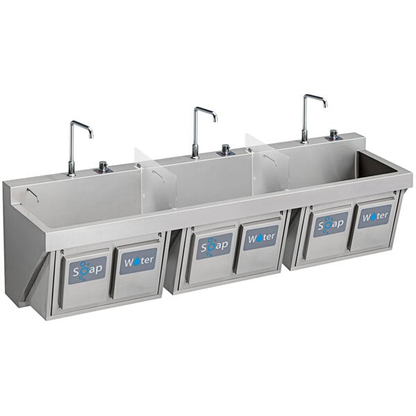 An Elkay stainless steel wall hung triple bowl surgeon scrub sink kit with hands-free operation, including three sinks with soap dispensers.