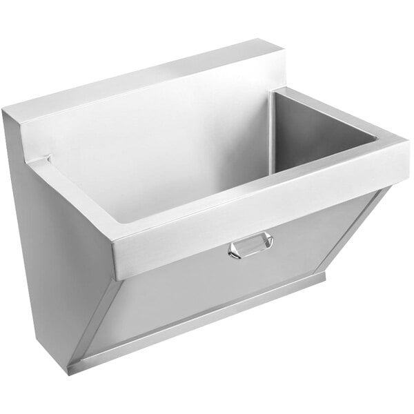 A stainless steel Elkay surgeon scrub sink with a rectangular bowl and drain.