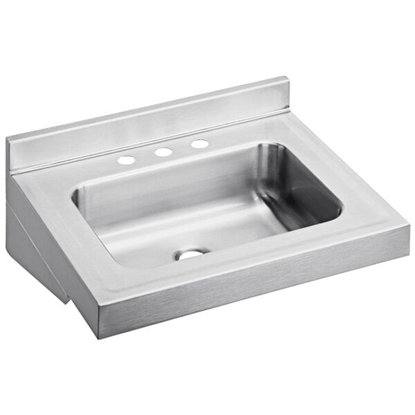 An Elkay stainless steel wall hung sink with three faucet holes.