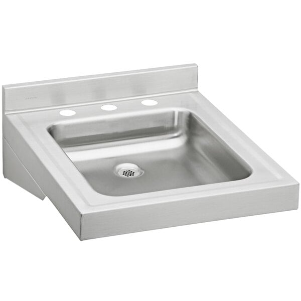 An Elkay stainless steel walk hung lavatory sink with three faucet holes.