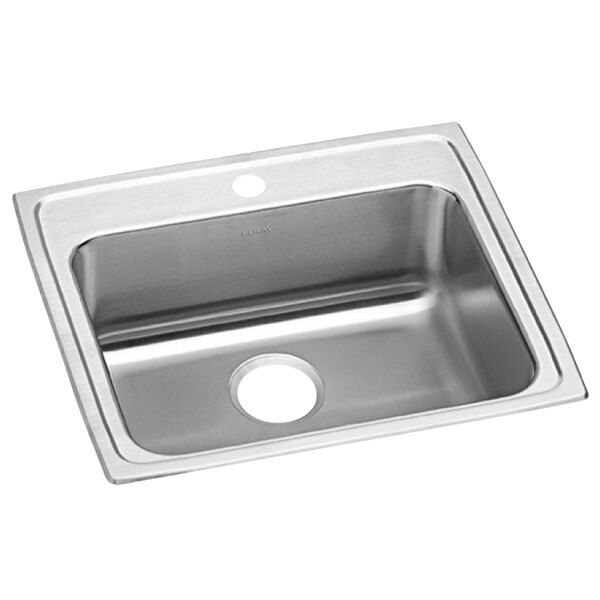 A stainless steel Elkay drop-in sink with one faucet hole on a counter.