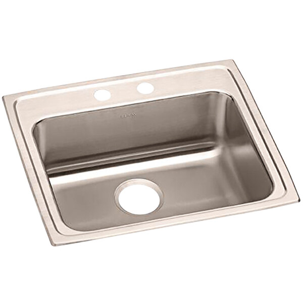 A stainless steel Elkay sink with two faucet holes.