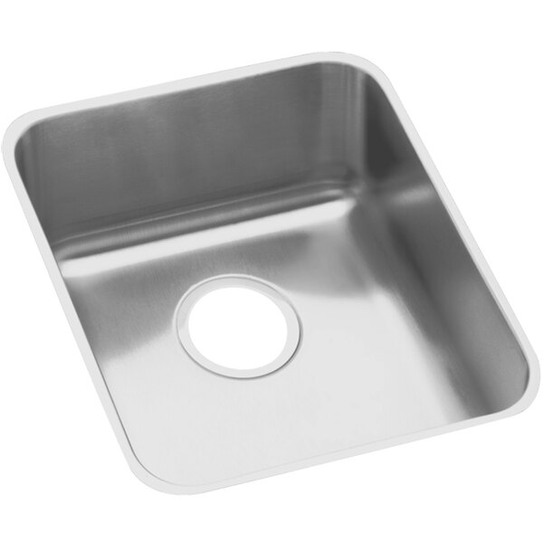 An Elkay stainless steel single bowl sink with a hole in a counter.