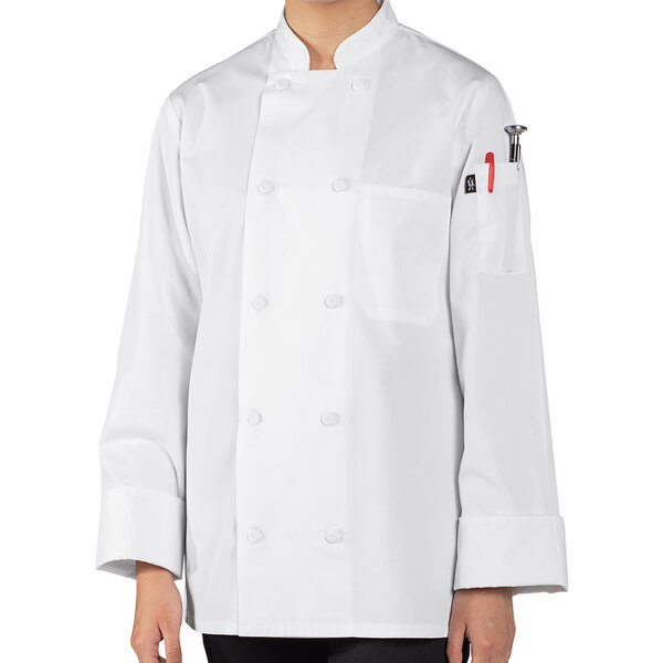 A person wearing a white Uncommon Chef long sleeve chef coat with mesh back.