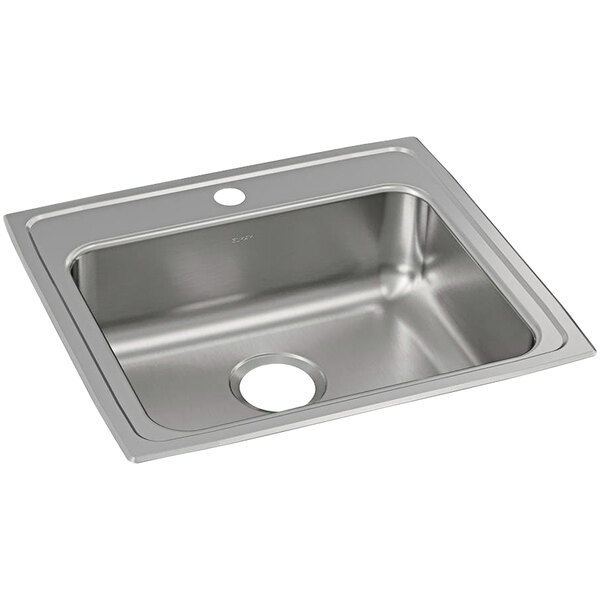 A silver Elkay stainless steel single bowl sink with one faucet hole.