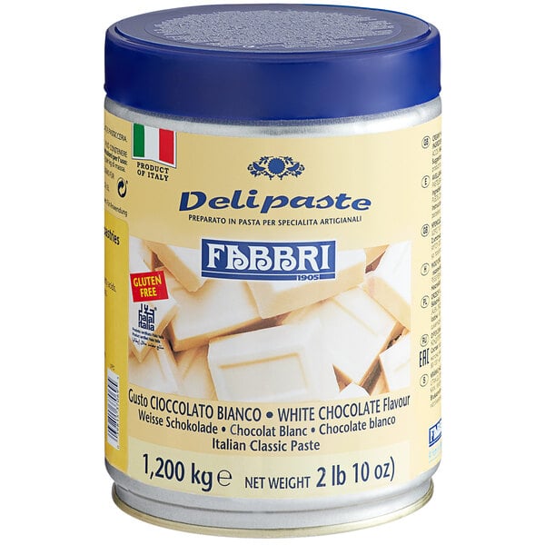 A can of Fabbri white chocolate flavoring paste with white label and lid.