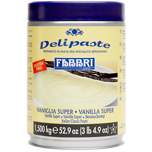 A can of Fabbri 1.5 kg Vanilla Super Flavoring Paste with white and blue label.