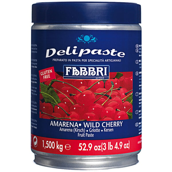 A can of Fabbri Delipaste Amarena Cherry Flavoring Paste with a label.