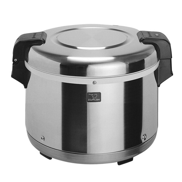 A Zojirushi stainless steel rice warmer with a silver pot and black handles.